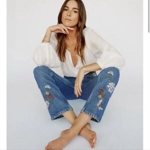 Reformation Blue Floral Embroidered High Rise Jeans